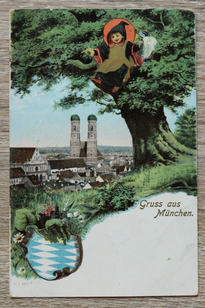 AK Gruss  aus München / 1907 / Münchner Kindl im Baum Frauenkirche Wappen